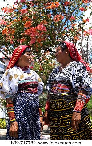 Stock Image - KUNA NATIVE INDIAN WOMEN IN INDIGENOUS COSTUME PANAMA CITY REPUBLIC OF PANAMA. Fotosearch