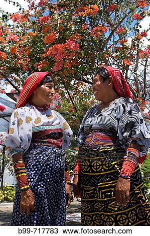 Stock Image - KUNA NATIVE INDIAN WOMEN IN INDIGENOUS COSTUME PANAMA CITY REPUBLIC OF PANAMA. Fotosearch