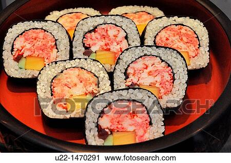 Stock Image - Kyoto (Japan): fake, plastic sushi, shown as display at the entrance of a restaurant. Fotosearch