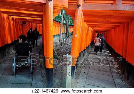 Stock Photograph - Kyoto (Japan): long line of Torii (traditional Japanese gate most commonly found at the entrance of or within a Shinto shrine, where it symbolically marks the transition from the profane to the sacred) at the Fushimi Inari-taisha shrine. Fotosearch