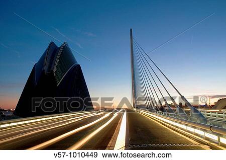 Stock Photo - L? Assut d? Or bridge and the Agora at evening, City of Arts and Sciences. Valencia, Comunidad Valenciana, Spain.. Fotosearch