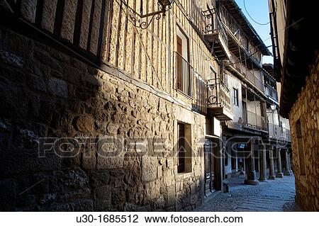 Stock Image - La Alberca street Sierra de Francia Natural Park Biosphere Reserve of Sierra de B? jar and Francia La Alberca Salamanca Province Castilla y Le? n Spain. Fotosearch