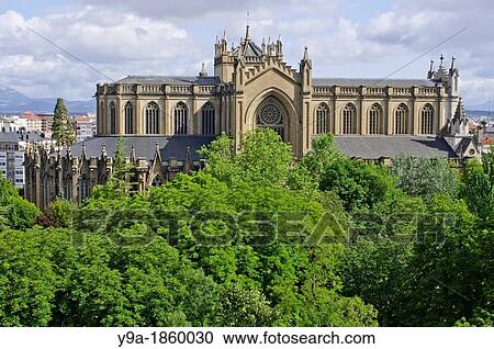 Stock Image - La Florida Park and Cathedral of Vitoria Gasteiz, Alava, Araba, Basque Country, Spain. Fotosearch