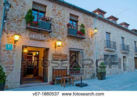 Stock Photo - La Posada de Don Mariano Hotel, night view. Mayor Street, Pedraza, Segovia province, Castilla Leon, Spain.. Fotosearch