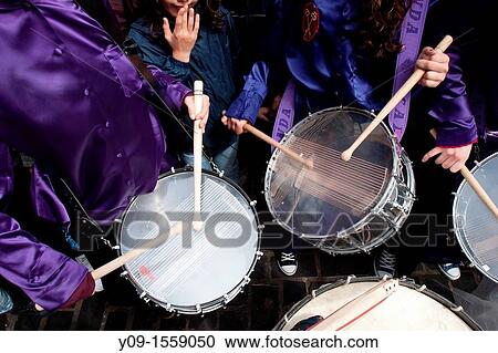 Stock Image - La Rompida, Tamborrada, Calanda, Bajo Arag? n, Teruel, Arag? n, Spain. Fotosearch