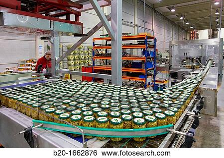 Stock Photograph - Labeling and packaging canned vegetables, Green bean, Canning Industry, Agri-food, Logistics Center, Grupo Riberebro, Alfaro, La Rioja, Spain. Fotosearch