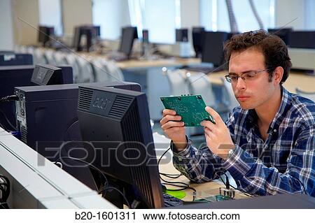 Stock Image - Laboratory digital signal processing, Computer room, Telecommunications, Electronics and Communications Unit, CEIT (Center of Studies and Technical Research), University of Navarra, Donostia, Gipuzkoa, Basque Country, Spain. Fotosearch