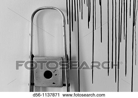 Ladder leaning on wall, black paint trails View Large Photo Image Stock Image - Ladder leaning on wall, black paint trails. Fotosearch
