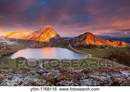 Lake Enol with La Porra Enol and Cerru Sornin in the background, Picos de Europa National Park, Covadonga, Asturias, Spain View Large Photo Image Stock Photograph - Lake Enol with La Porra Enol and Cerru Sornin in the background, Picos de Europa National Park, Covadonga, Asturias, Spain. Fotosearch
