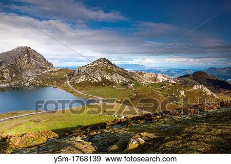 Lake Enol with La Porra Enol in the background, Picos de Europa National Park, Covadonga, Asturias, Spain View Large Photo Image Stock Photo - Lake Enol with La Porra Enol in the background, Picos de Europa National Park, Covadonga, Asturias, Spain. Fotosearch