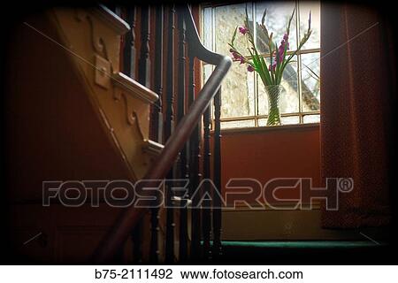 Landing of a stairway with a plant in the window. Yorkshire Dales, England, UK, Europe. View Large Photo Image Stock Image - Landing of a stairway with a plant in the window. Yorkshire Dales, England, UK, Europe.. Fotosearch