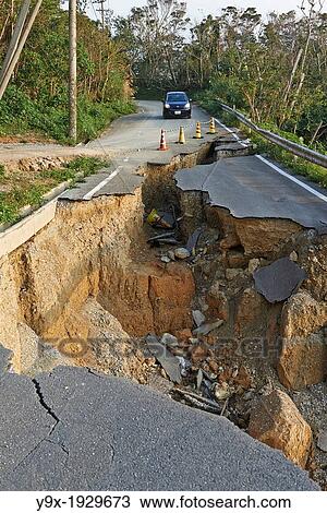Landslide damage caused by typhoons and torrential rains on a mountain road in Okinawa. View Large Photo Image Stock Image - Landslide damage caused by typhoons and torrential rains on a mountain road in Okinawa.. Fotosearch