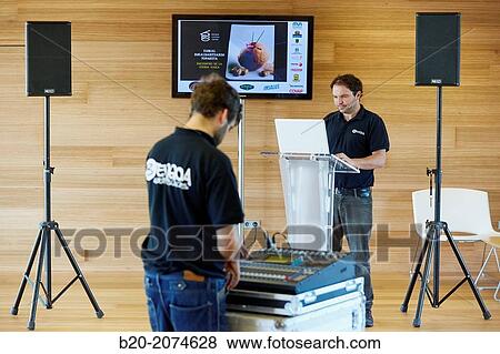Laptop, Plasma screen, lectern, wireless microphone and sound equipment. Preparation audiovisual conference. Donostia. San Sebastian. Gipuzkoa. Basque Country. Spain. View Large Photo Image Stock Photo - Laptop, Plasma screen, lectern, wireless microphone and sound equipment. Preparation audiovisual conference. Donostia. San Sebastian. Gipuzkoa. Basque Country. Spain.. Fotosearch