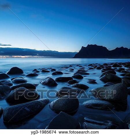 Picture - Last light at Utakleiv beach, Lofoten Islands, Norway.. Fotosearch