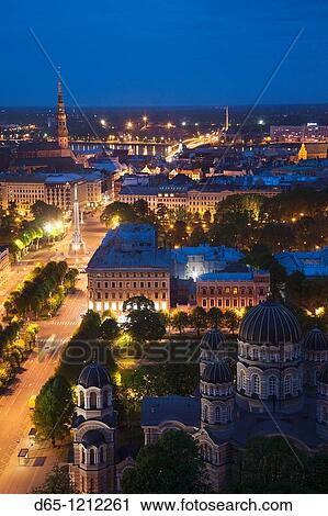 Latvia, Riga, elevated view of Old Riga, Vecriga, evening View Large Photo Image Stock Image - Latvia, Riga, elevated view of Old Riga, Vecriga, evening. Fotosearch