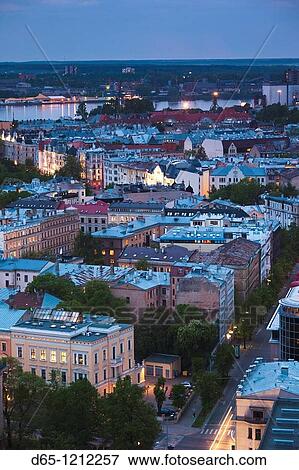 Latvia, Riga, elevated view of Old Riga, Vecriga, evening View Large Photo Image Stock Photo - Latvia, Riga, elevated view of Old Riga, Vecriga, evening. Fotosearch