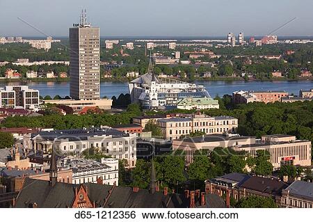 Latvia, Riga, elevated view of Old Riga, Vecriga toward the Daugava River, morning View Large Photo Image Stock Photograph - Latvia, Riga, elevated view of Old Riga, Vecriga toward the Daugava River, morning. Fotosearch