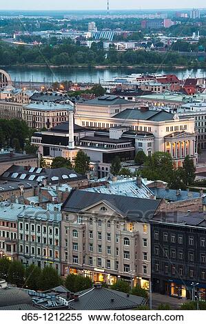 Latvia, Riga, elevated view of Old Riga, Vecriga and Latvia National Opera, evening View Large Photo Image Stock Photography - Latvia, Riga, elevated view of Old Riga, Vecriga and Latvia National Opera, evening. Fotosearch