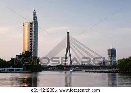 Latvia, Riga, Vansu Bridge, Swedbank building, and Daugava River, dusk View Large Photo Image Stock Photography - Latvia, Riga, Vansu Bridge, Swedbank building, and Daugava River, dusk. Fotosearch