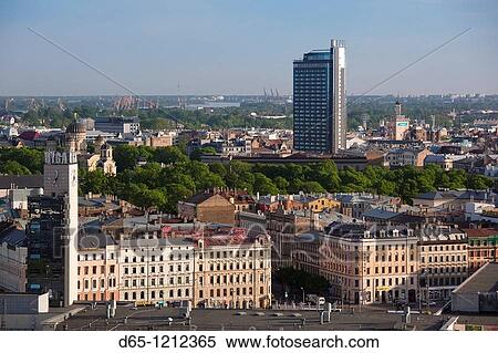 Latvia, Riga, Vecriga, Old Riga, elevated city view towards Hotel Latvija, from Academy of Sciences building, morning View Large Photo Image Stock Photography - Latvia, Riga, Vecriga, Old Riga, elevated city view towards Hotel Latvija, from Academy of Sciences building, morning. Fotosearch
