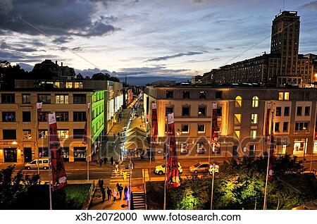 Stock Image - Le Flon district by night, Lausanne, Canton of Vaud, Switzerland, Europe.. Fotosearch