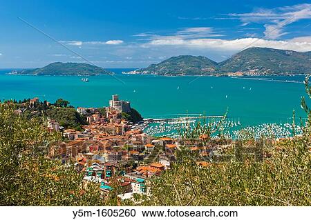 Lerici and Castle over the Gulf of La Spezia with Palmaria Island, Province of La Spezia, Liguria, Italy, Europe View Large Photo Image Stock Image - Lerici and Castle over the Gulf of La Spezia with Palmaria Island, Province of La Spezia, Liguria, Italy, Europe. Fotosearch