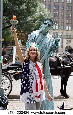 Liberty living statue for tourist at Central Park, New York, USA View Large Photo Image Picture - Liberty living statue for tourist at Central Park, New York, USA. Fotosearch