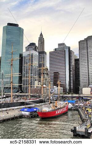 Lightship Ambrose and Schooner Peking, South Street Seaport, Lower Manhattan, New York City View Large Photo Image Stock Image - Lightship Ambrose and Schooner Peking, South Street Seaport, Lower Manhattan, New York City. Fotosearch