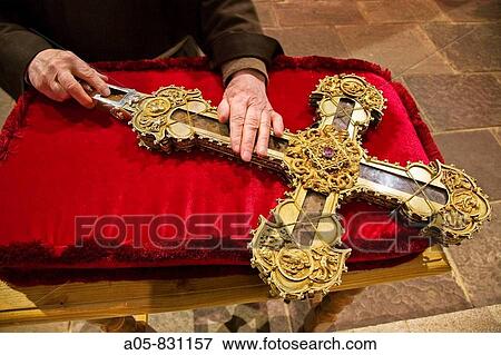 Stock Photo - Lignum Crucis, the biggest surviving piece of the Holy Cross preserved in the monastery of Santo Toribio de Liebana, valley of Liebana, Picos de Europa National Park, Cantabria, Spain. Fotosearch