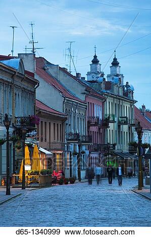 Lithuania, Central Lithuania, Kaunas, Old Town, Vilnius Street, dusk View Large Photo Image Stock Photo - Lithuania, Central Lithuania, Kaunas, Old Town, Vilnius Street, dusk. Fotosearch