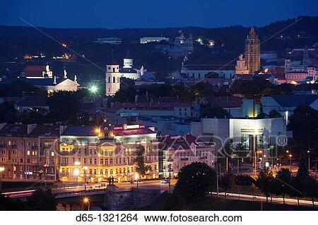 Lithuania, Vilnius, elevated view of Old Town and Green Bridge, evening View Large Photo Image Picture - Lithuania, Vilnius, elevated view of Old Town and Green Bridge, evening. Fotosearch