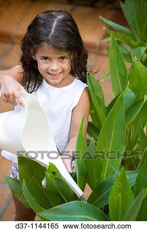 Stock Photography - Little girl watering plants at home. Fotosearch