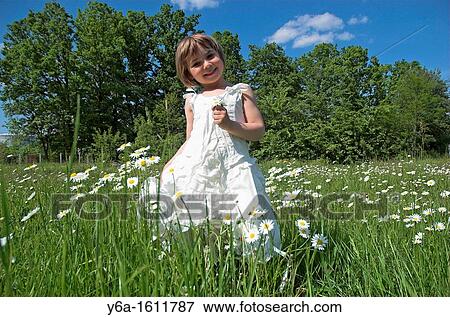 Little girl wearing white dress standing in field holding daisies smiling portrait View Large Photo Image Stock Photo - Little girl wearing white dress standing in field holding daisies smiling portrait. Fotosearch