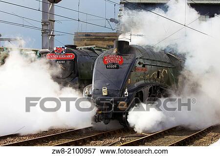 Stock Photo - LMS Princess Coronation Class 46233 Duchess of Sutherland pulling the 75th Anniversary special and LNER Class A4 60009 Union of South Africa at Carlisle Railway Station Carlisle Cumbria England United Kingdom Great Britain.. Fotosearch