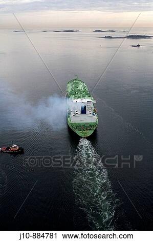 Stock Image - LNG (Liquified Natural Gas) tanker aerial view, Boston harbor, Massachusetts, USA. Fotosearch