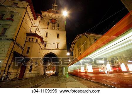 Stock Photograph - Local train in Kramgasse in Bern, Switzerland. Fotosearch