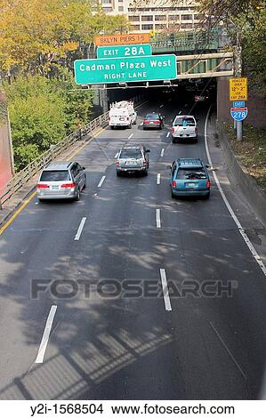 Picture - Looking down on a highway that passes through Brooklyn, from the Brooklyn Heights Promenade Brooklyn, New York City. Fotosearch