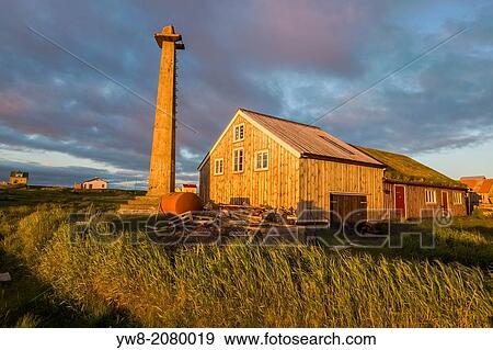 Stock Photo - Lookout tower and homes, Flatey Island, Borgarfjordur.. Fotosearch