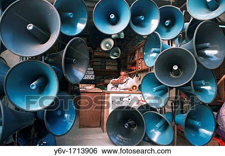 Stock Photograph - Loudspeakers seller. Pakistan.. Fotosearch