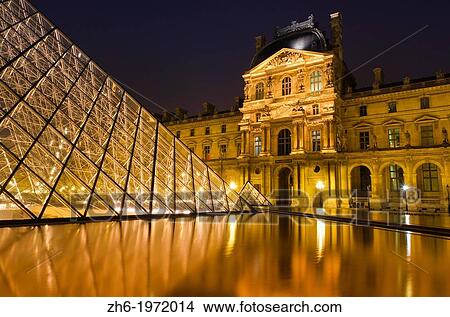 Louvre Palace and Pyramid at night, Louvre Museum, Paris, France. View Large Photo Image Picture - Louvre Palace and Pyramid at night, Louvre Museum, Paris, France.. Fotosearch