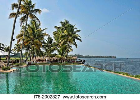 Stock Photo - luxury resort swimming pool in the backwaters of Kerala, India.. Fotosearch