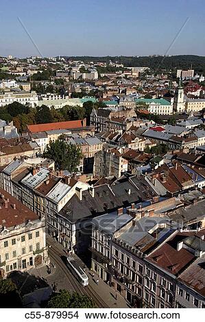 Lviv, Lvov, cityscape from Town Hall tower, Market Rynok square, merchant houses, 15th-19th centuries, Western Ukraine View Large Photo Image Picture - Lviv, Lvov, cityscape from Town Hall tower, Market Rynok square, merchant houses, 15th-19th centuries, Western Ukraine. Fotosearch