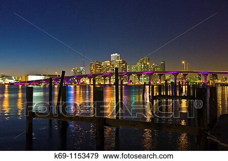 MacArthur Causeway and Biscayne Bay at dusk, Miami, Florida, USA View Large Photo Image Stock Photo - MacArthur Causeway and Biscayne Bay at dusk, Miami, Florida, USA. Fotosearch