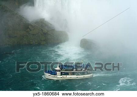 Picture - Maid of the Mist boat carrying tourists at the bottom of Niagara Falls. Fotosearch