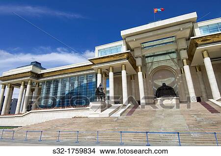 Picture - Main entrance of the Parliament of Mongolia, dominated by a statue of Genghis Khan, Ulan Bator, Mongolia. Fotosearch
