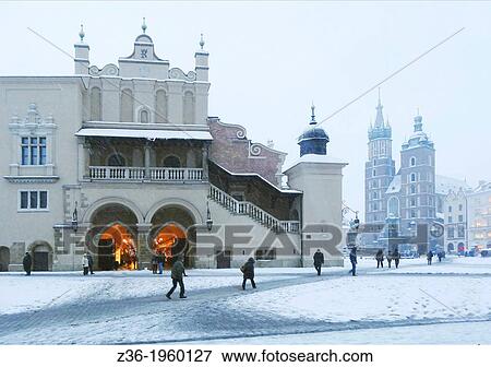 Main Market Square at winter time, Krakow, Poland. View Large Photo Image Stock Photo - Main Market Square at winter time, Krakow, Poland.. Fotosearch