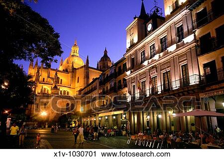 Stock Image - Main Square and cathedral in the evening, Segovia. Castilla-Leon, Spain. Fotosearch