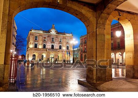 Main Square and Town Hall. Plaza Mayor, Gij? n, Asturias, Spain. View Large Photo Image Stock Image - Main Square and Town Hall. Plaza Mayor, Gij? n, Asturias, Spain.. Fotosearch
