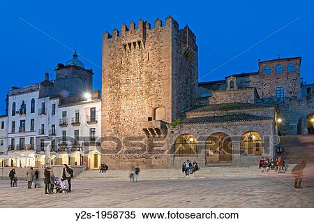 Main Square, Bujaco tower -12th century and Hermitage of the Peace -18th century, Caceres, Region of Extremadura, Spain. View Large Photo Image Stock Photography - Main Square, Bujaco tower -12th century and Hermitage of the Peace -18th century, Caceres, Region of Extremadura, Spain.. Fotosearch