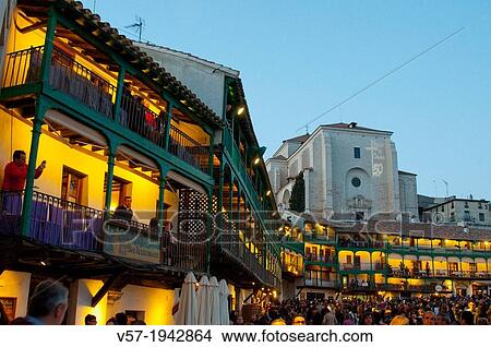 Picture - Main Square during the performance of the Passion of Christ (50th Aniversary), night view. Chinchon, Madrid province, Spain.. Fotosearch